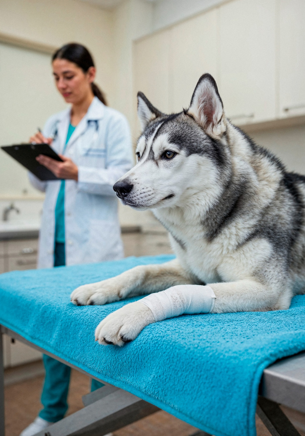 dog with bandaged paw